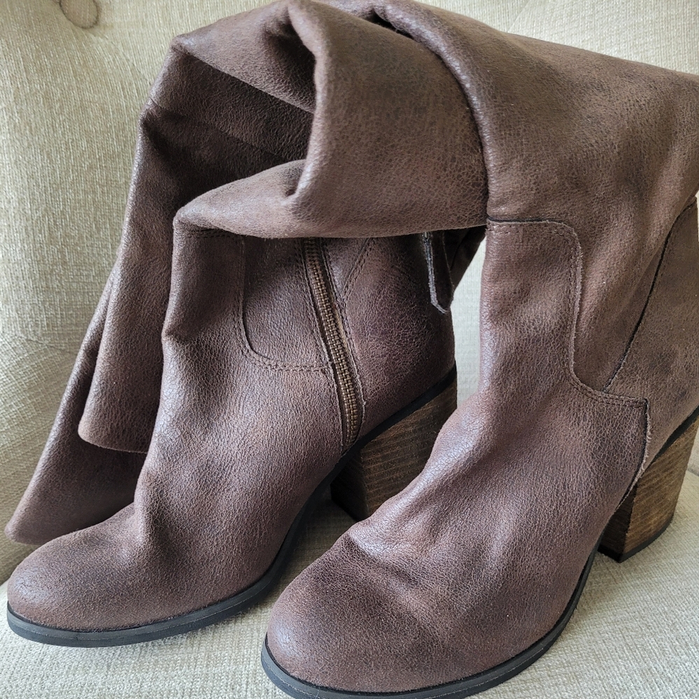 Hinge Boots Canton Brown Over The Knee Distressed 3" Chunky Block Heel S… - Picture 6 of 11